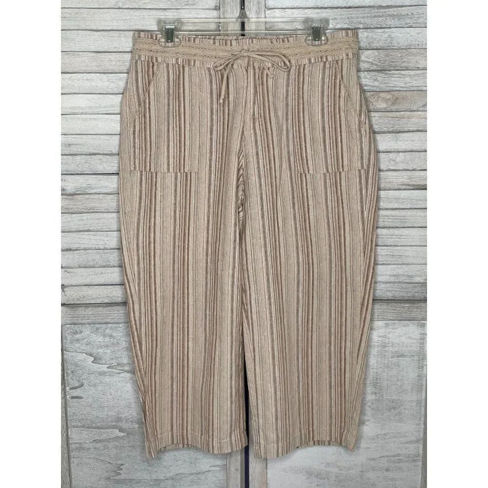 LEE Beige Pinstripe Linen Pants 10 Medium